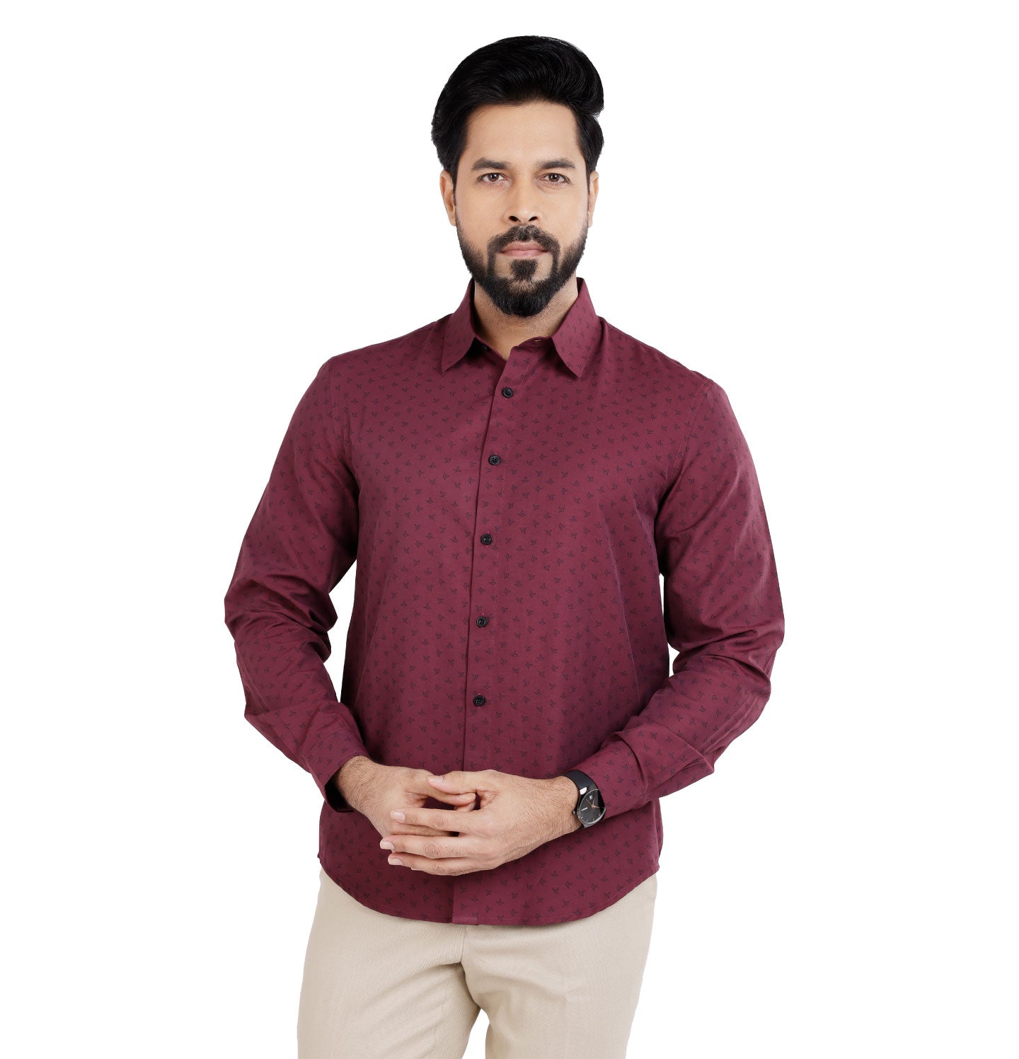 Active Fit Men's Shirt with Birdy Pattern - Full Sleeves - Wine