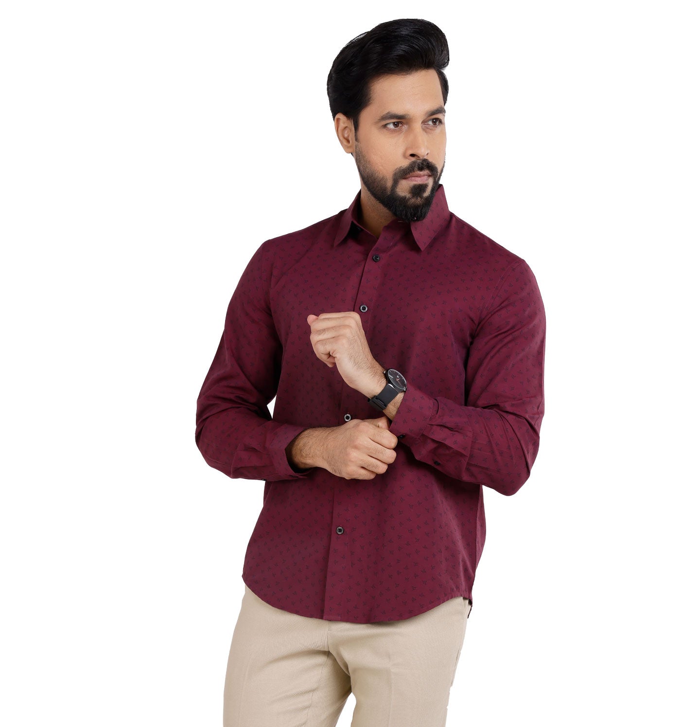 Active Fit Men's Shirt with Birdy Pattern - Full Sleeves - Wine