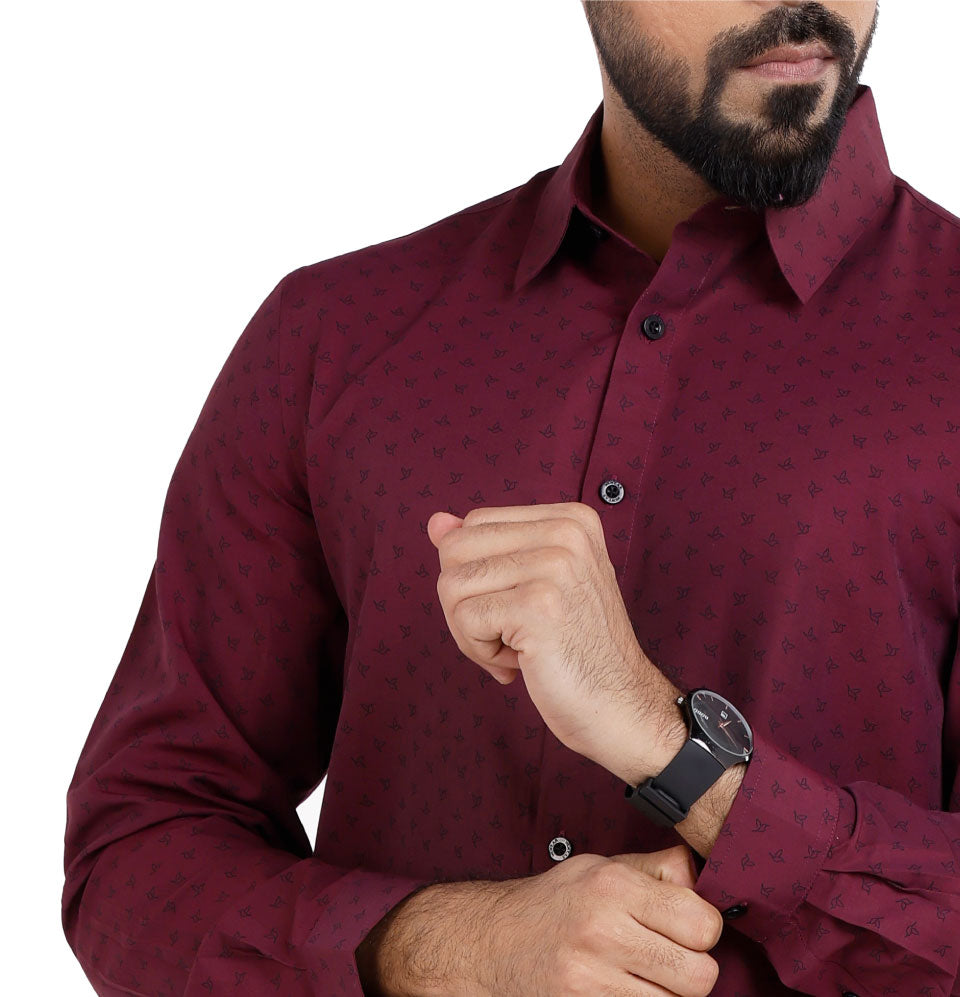 Active Fit Men's Shirt with Birdy Pattern - Full Sleeves - Wine