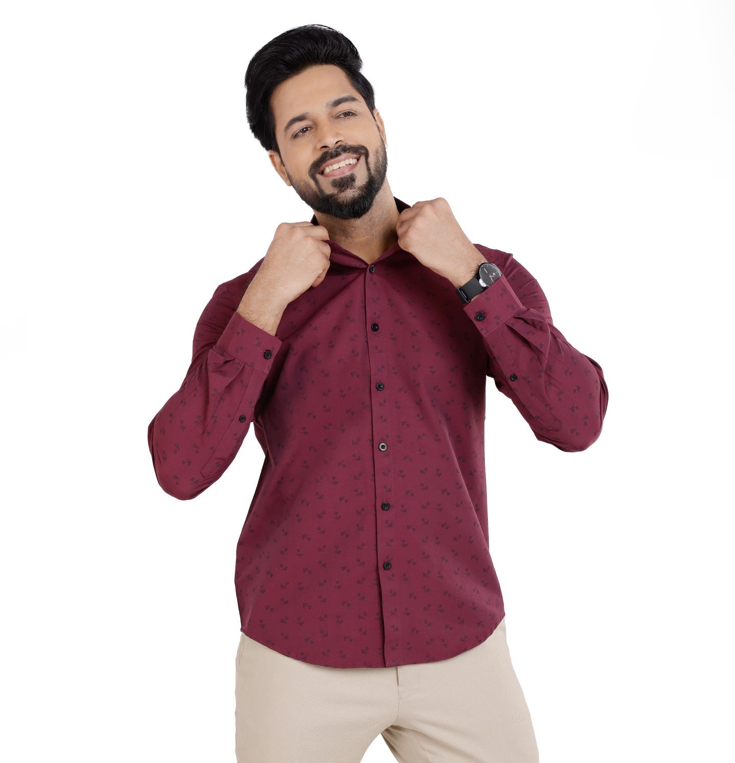 Active Fit Men's Shirt with Dandelions Pattern - Full Sleeves - Wine