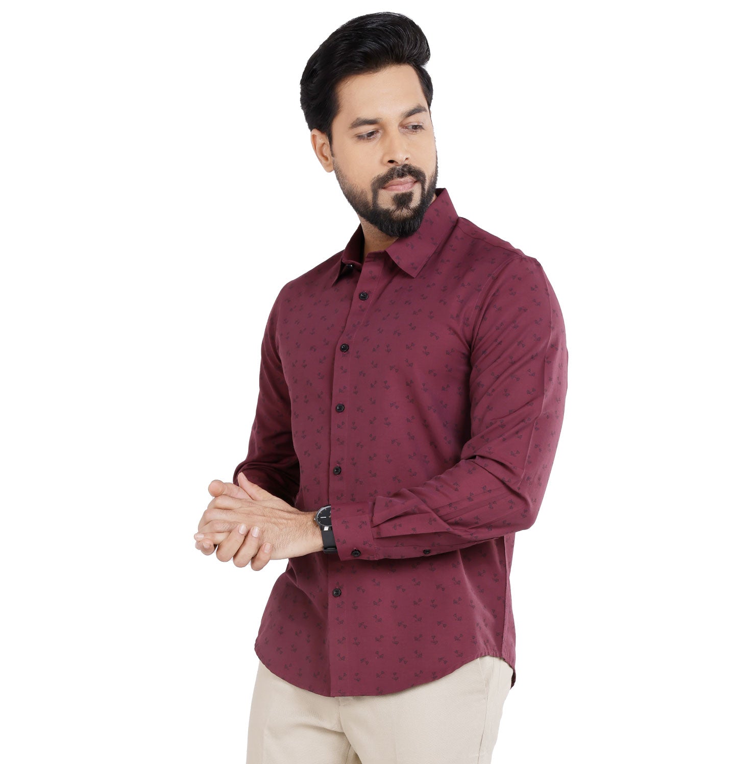 Active Fit Men's Shirt with Dandelions Pattern - Full Sleeves - Wine