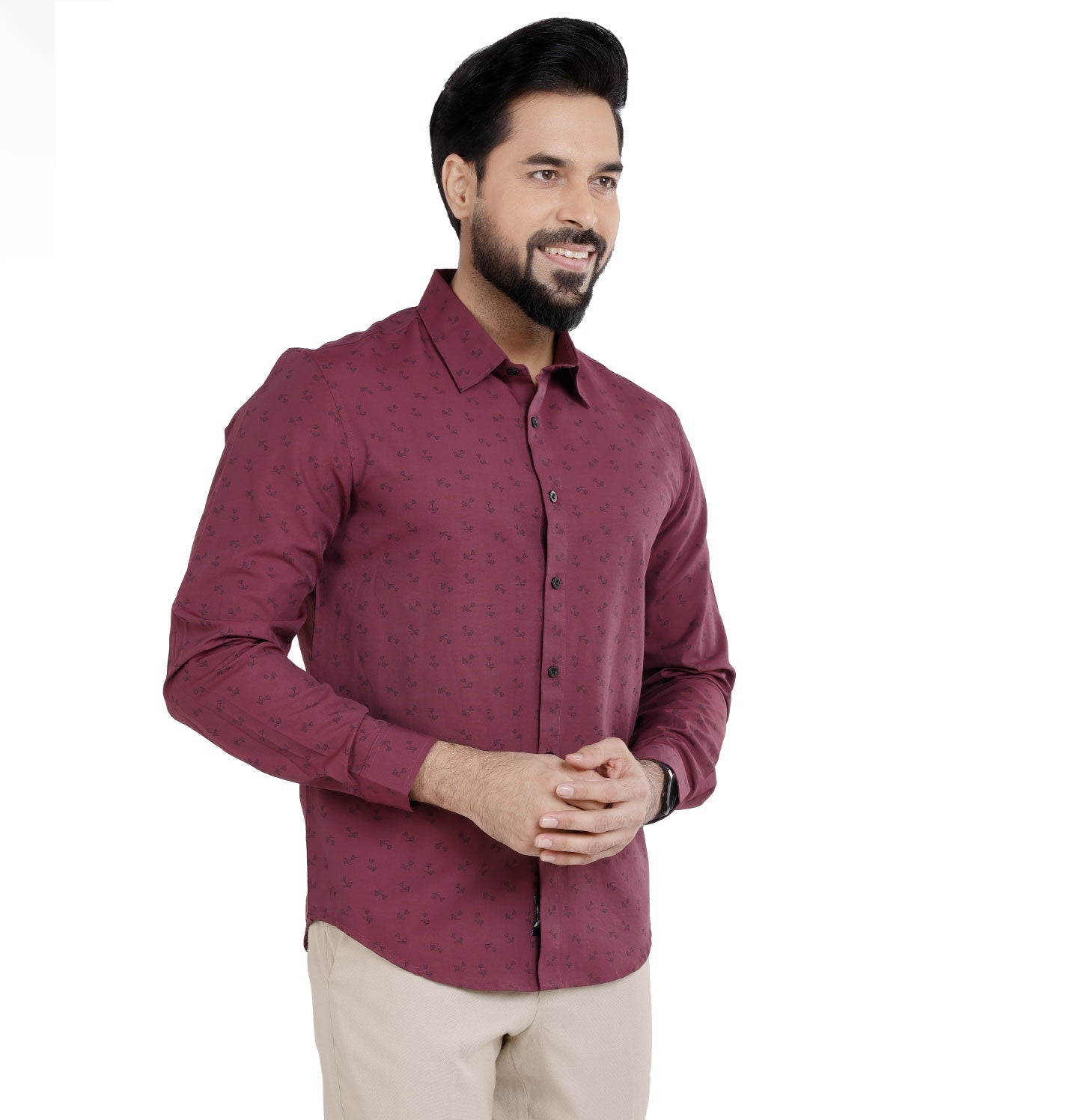 Active Fit Men's Shirt with Dandelions Pattern - Full Sleeves - Wine