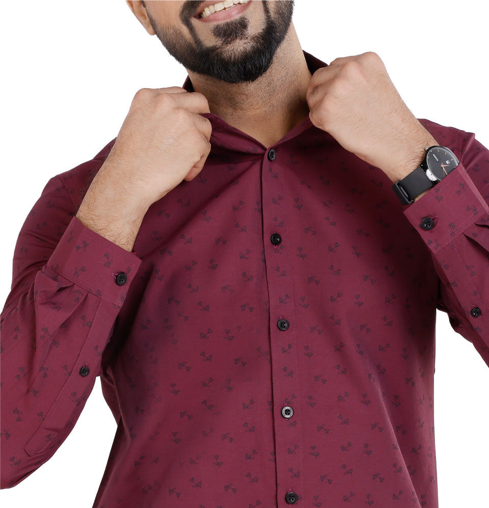 Active Fit Men's Shirt with Dandelions Pattern - Full Sleeves - Wine