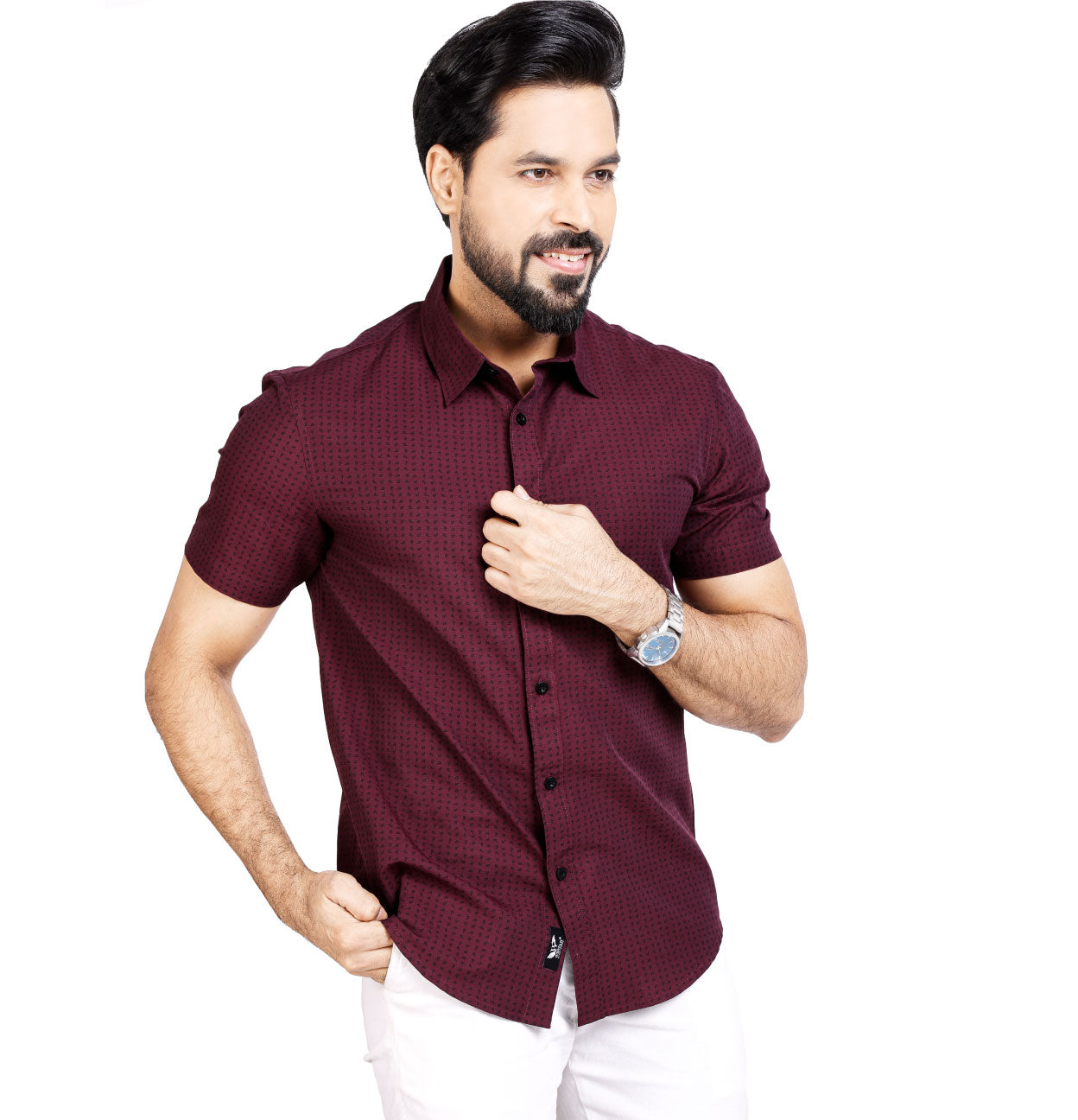 Active Fit Men's Shirt with Kettle Pattern - Half Sleeves - Wine