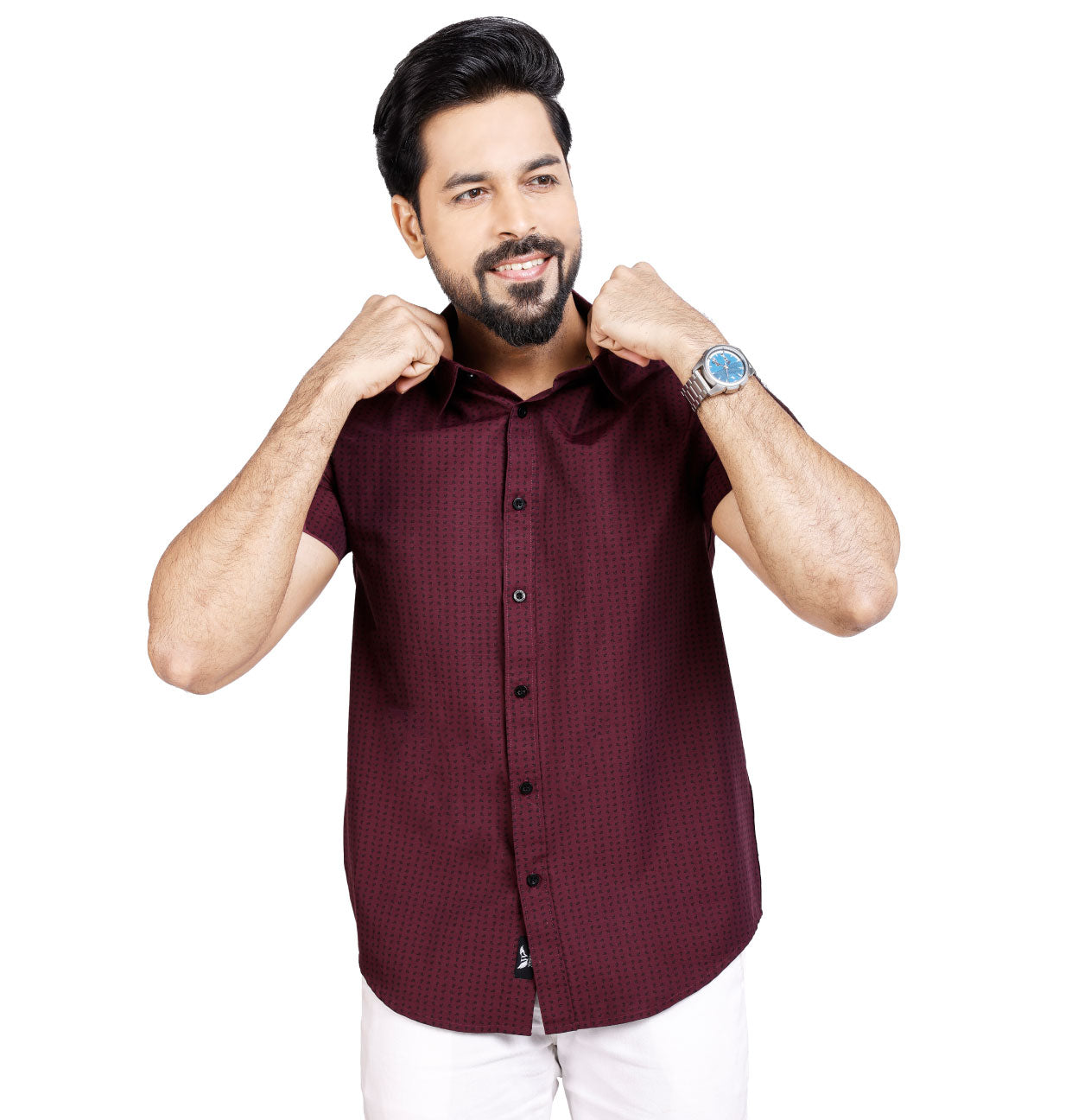 Active Fit Men's Shirt with Kettle Pattern - Half Sleeves - Wine