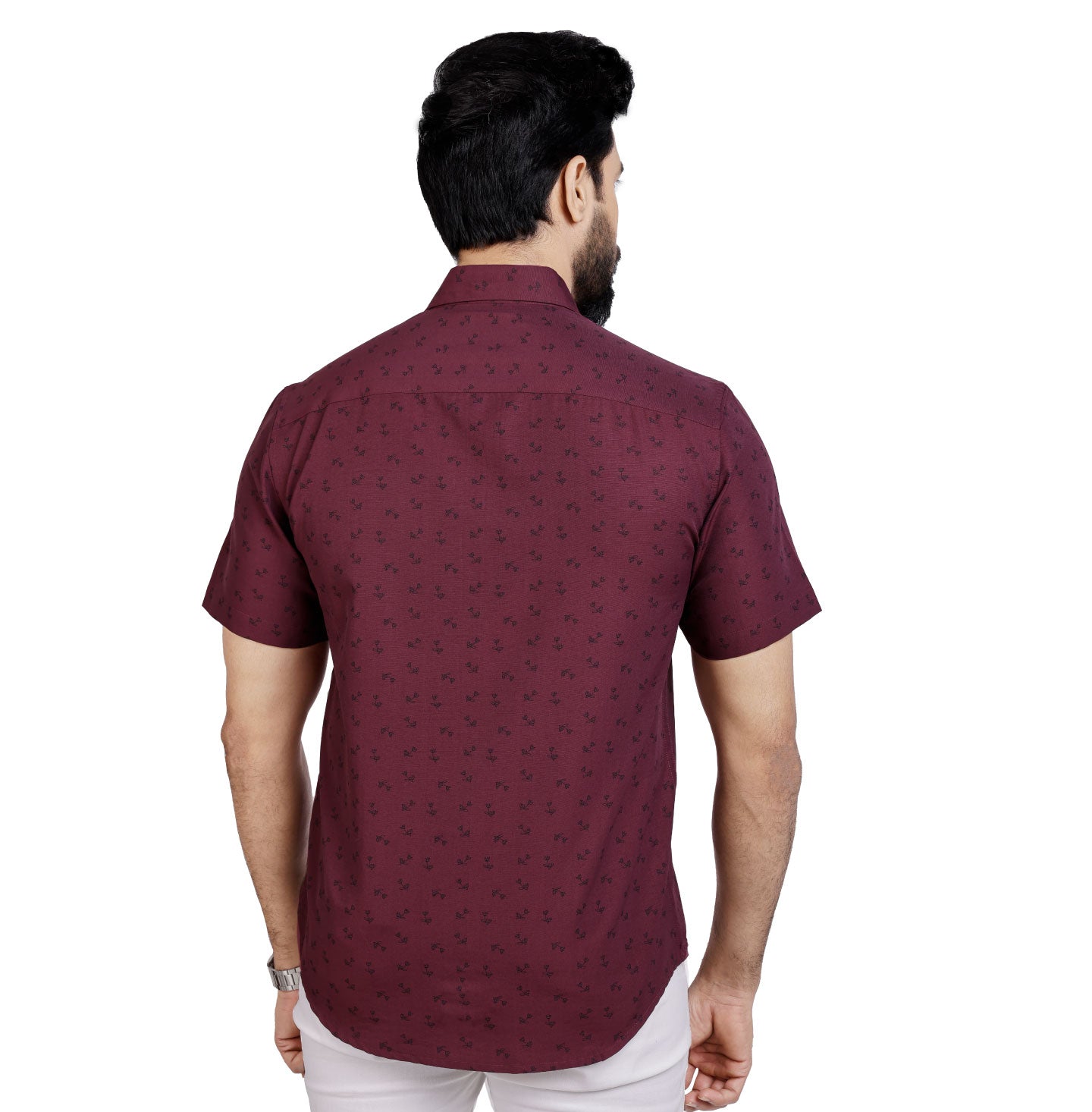 Active Fit Men's Shirt with Dandelions Pattern - Half Sleeves - Wine