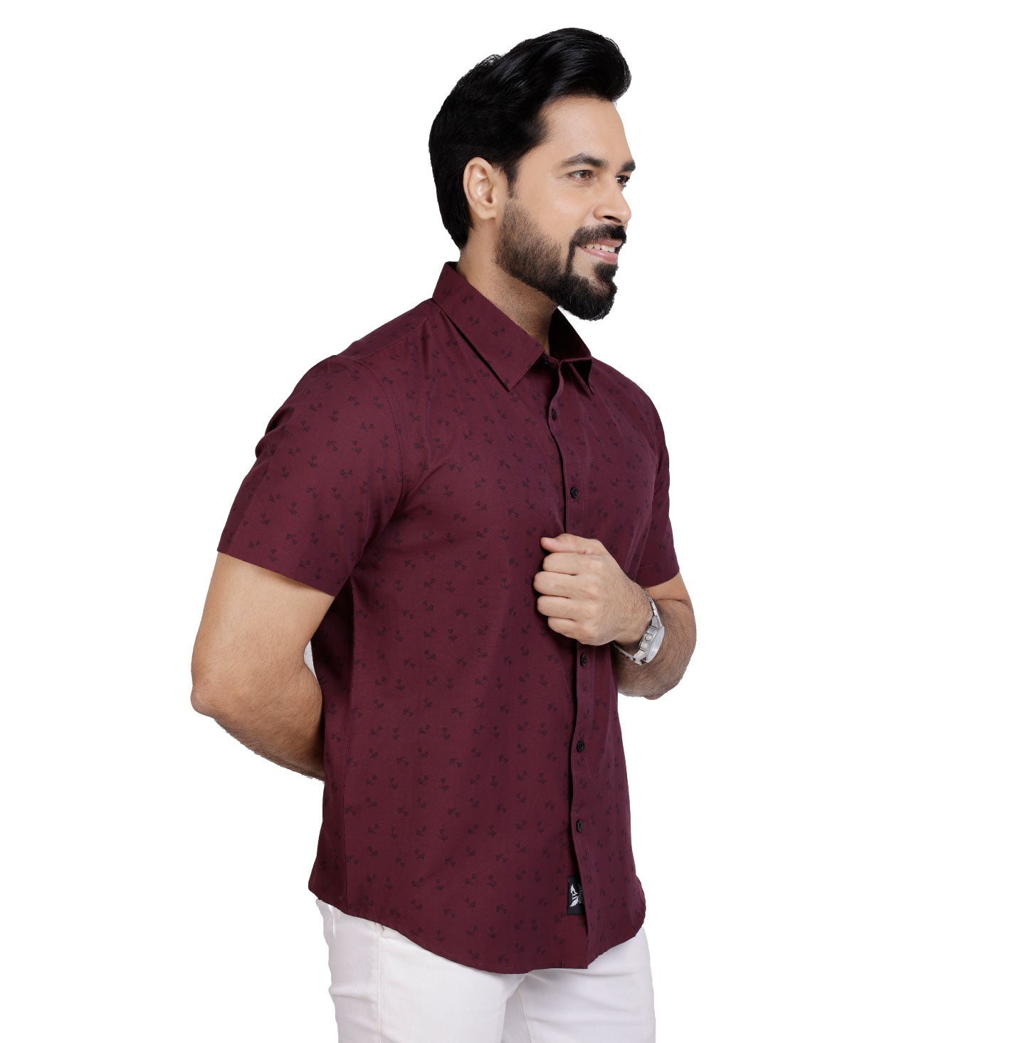 Active Fit Men's Shirt with Dandelions Pattern - Half Sleeves - Wine