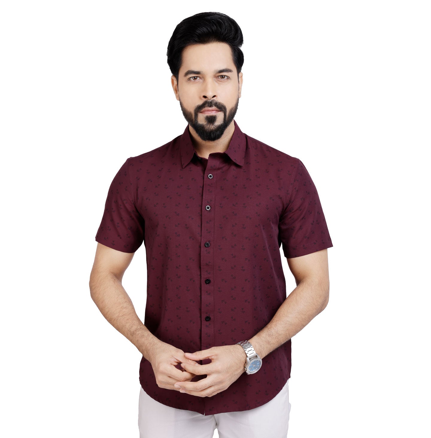 Active Fit Men's Shirt with Dandelions Pattern - Half Sleeves - Wine