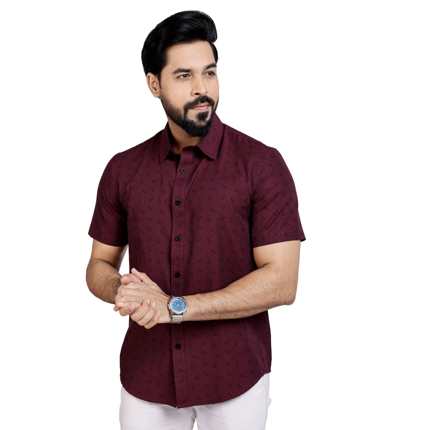 Active Fit Men's Shirt with Dandelions Pattern - Half Sleeves - Wine