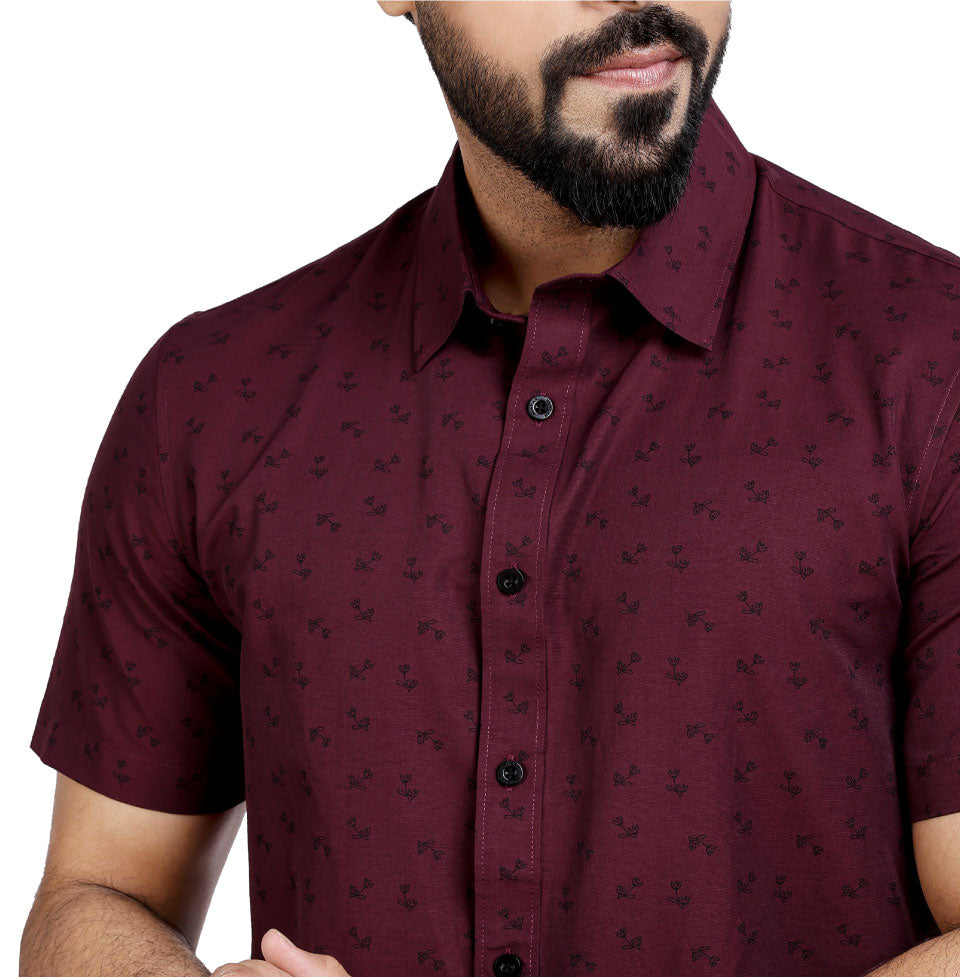 Active Fit Men's Shirt with Dandelions Pattern - Half Sleeves - Wine