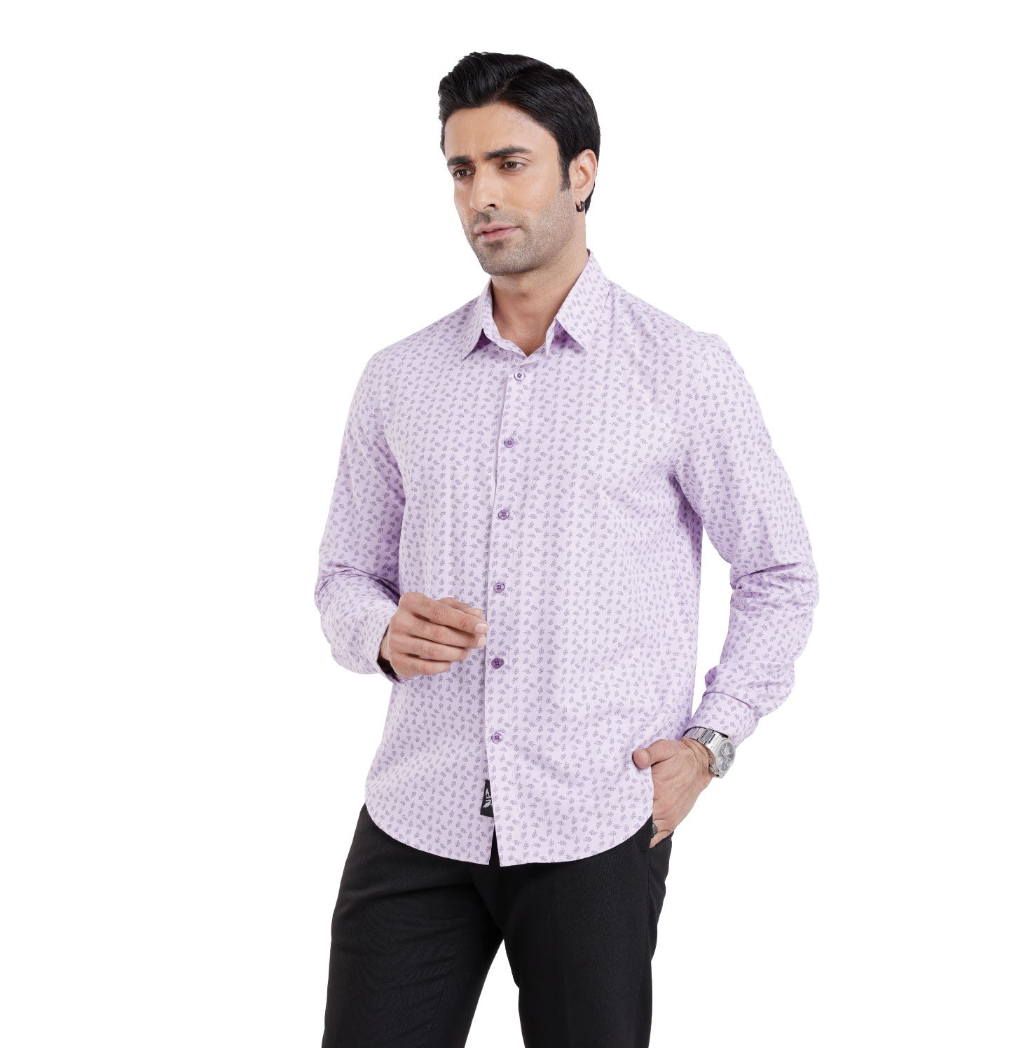 Active Fit Men's Shirt with Leaves Pattern - Full Sleeves - Orchid Petal