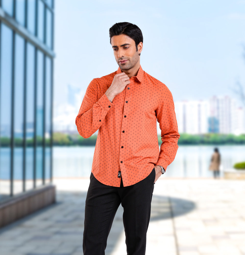 Active Fit Men's Shirt with Birdy Pattern - Full Sleeves - Rust Orange