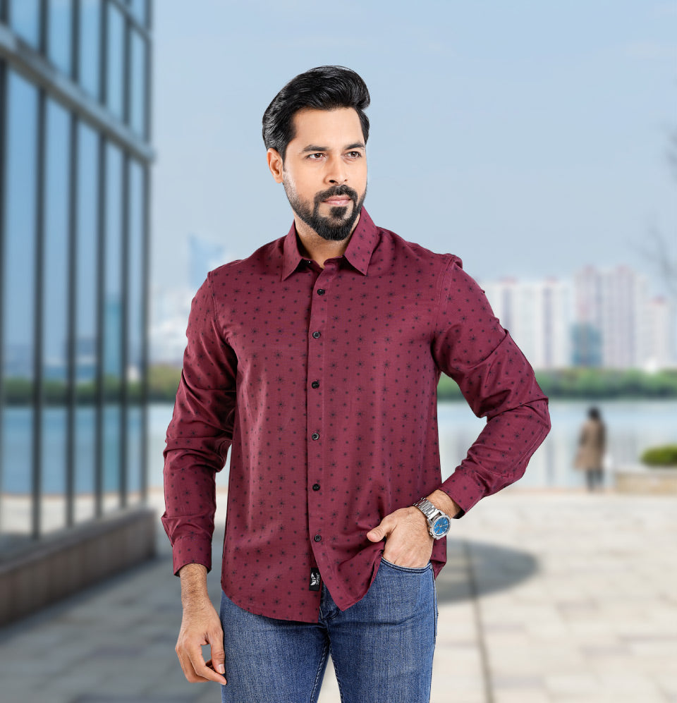 Active Fit Men's Shirt with Crackers Pattern - Full Sleeves - Wine