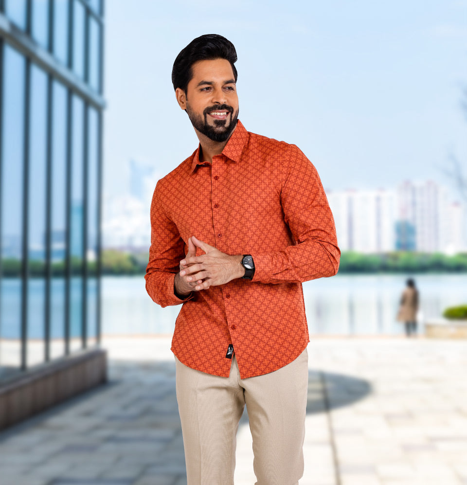 Active Fit Men's Shirt with Stencil Pattern - Full Sleeves - Rust Orange