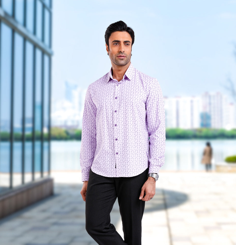 Active Fit Men's Shirt with Leaves Pattern - Full Sleeves - Orchid Petal