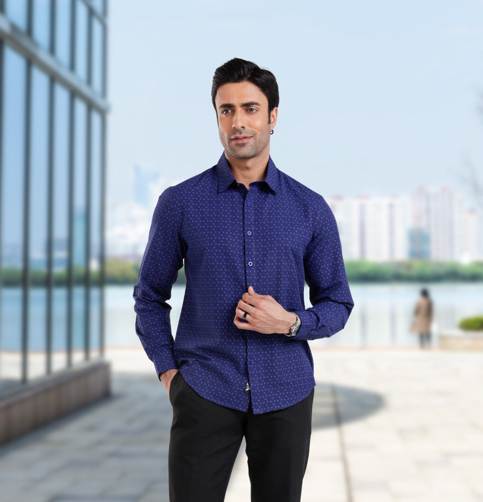 Active Fit Men's Shirt with Dreamteam Pattern - Full Sleeves - Royal Blue