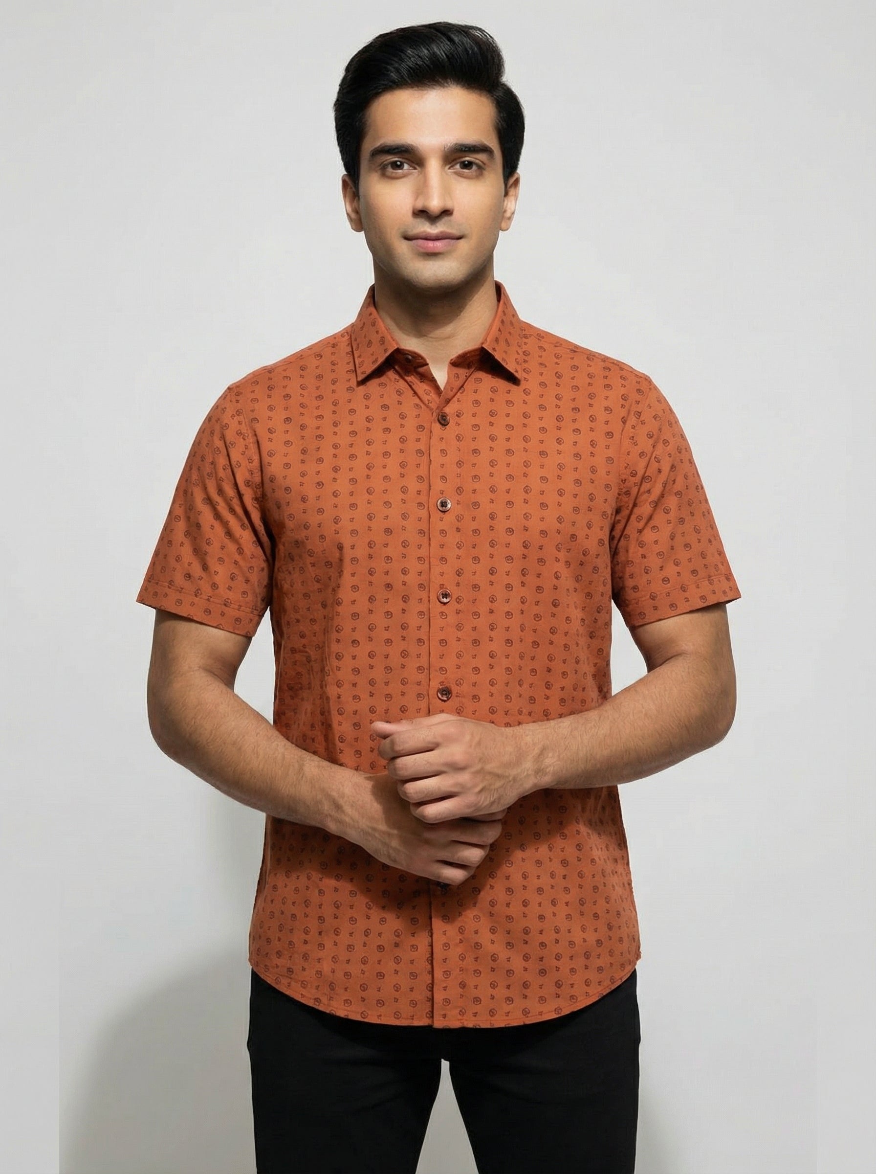 Active Fit Men's Shirt with Travel Pattern - Half Sleeves - Rust Orange