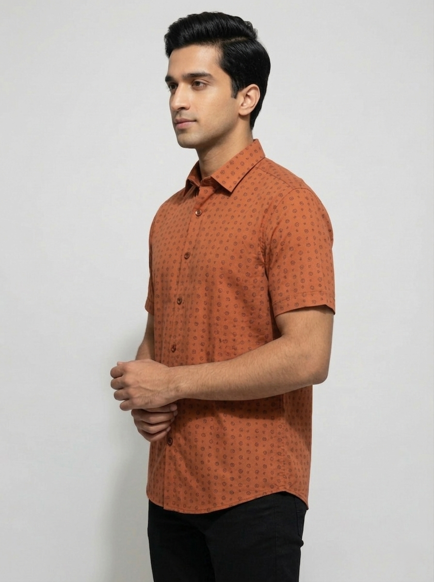 Active Fit Men's Shirt with Travel Pattern - Half Sleeves - Rust Orange