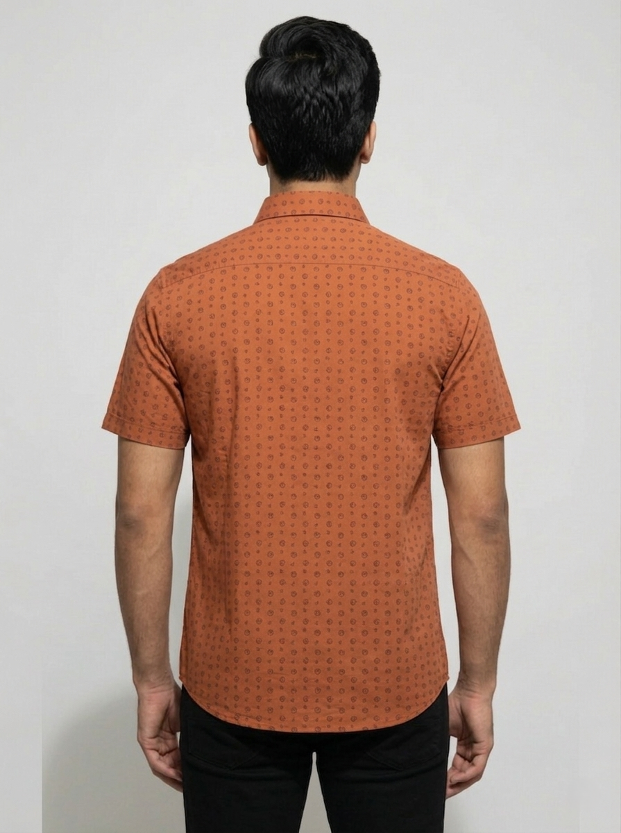 Active Fit Men's Shirt with Travel Pattern - Half Sleeves - Rust Orange