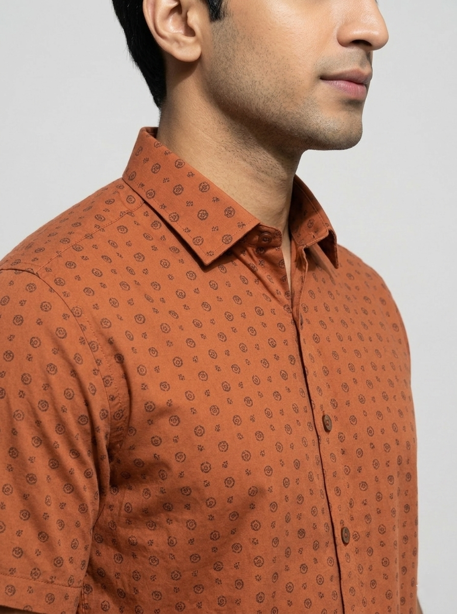 Active Fit Men's Shirt with Travel Pattern - Half Sleeves - Rust Orange