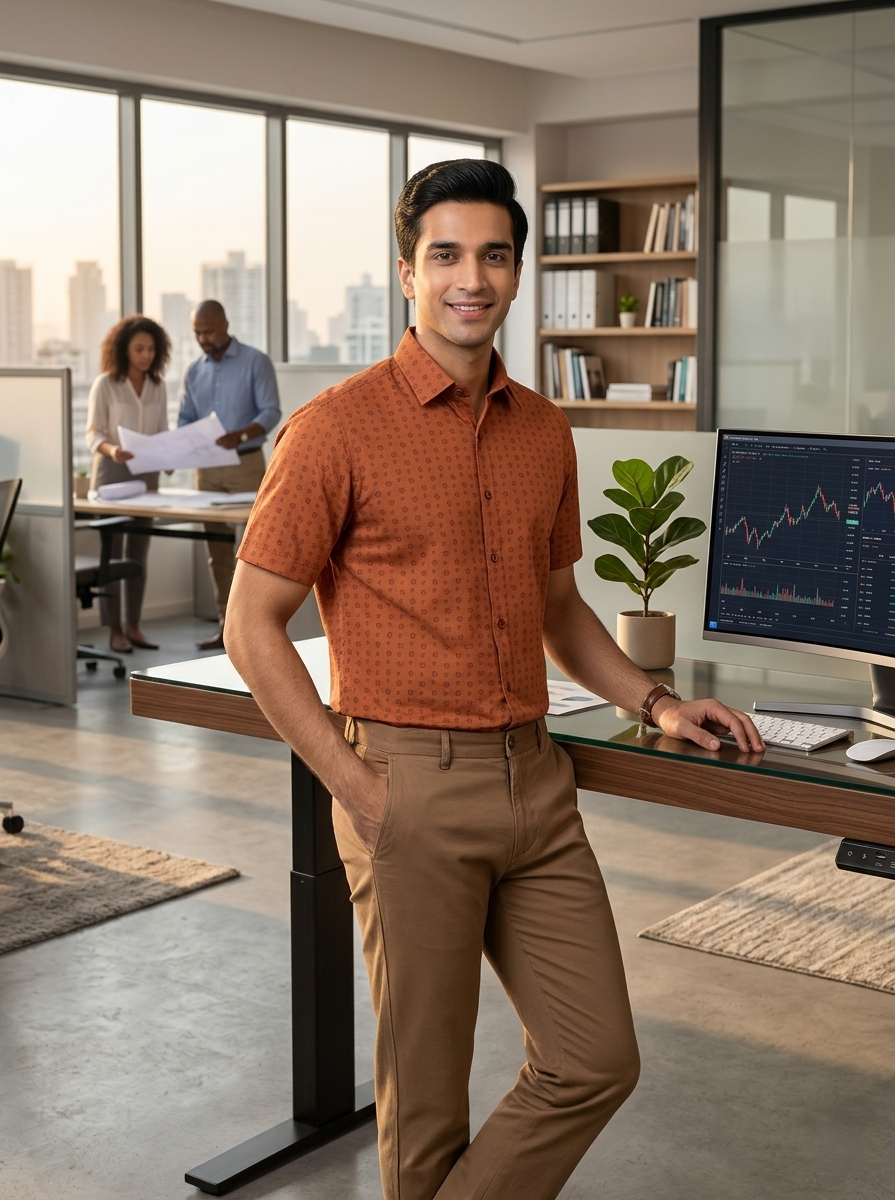 Active Fit Men's Shirt with Travel Pattern - Half Sleeves - Rust Orange