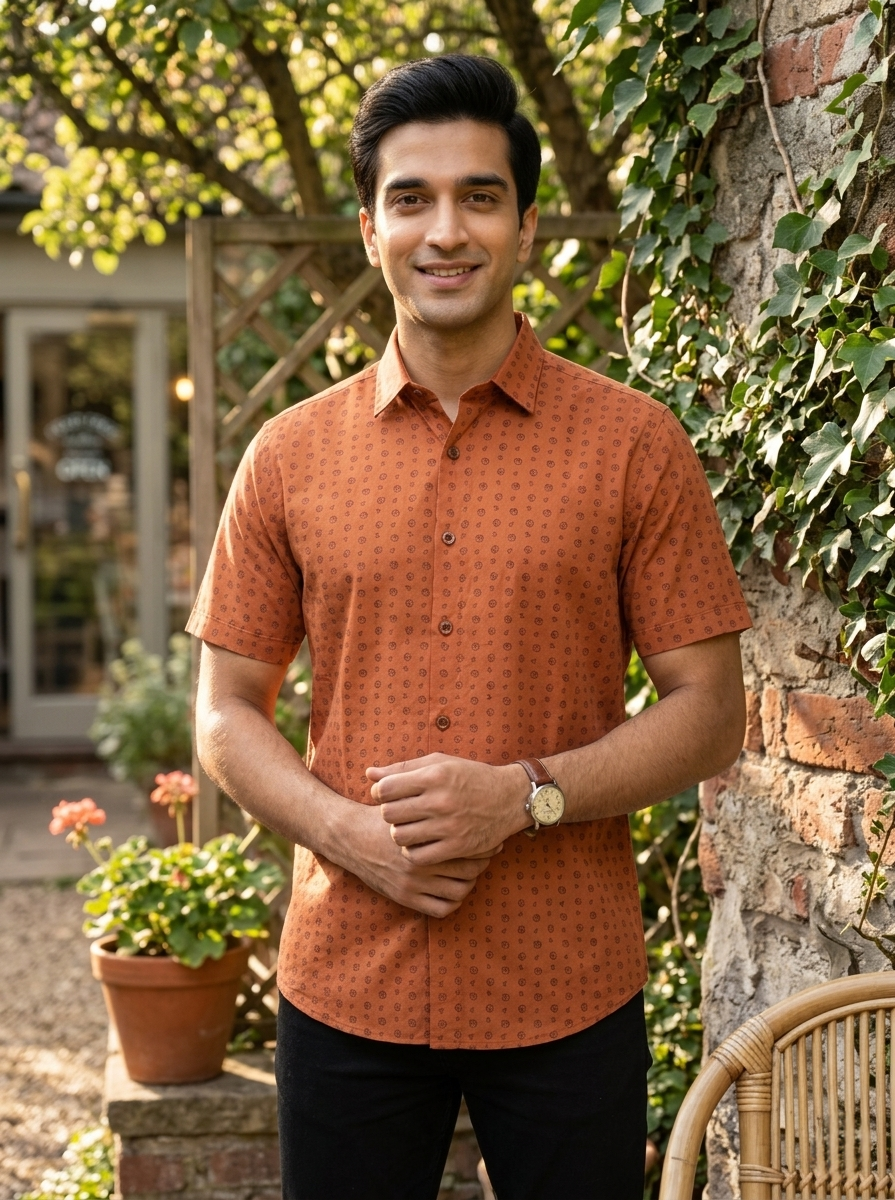 Active Fit Men's Shirt with Travel Pattern - Half Sleeves - Rust Orange