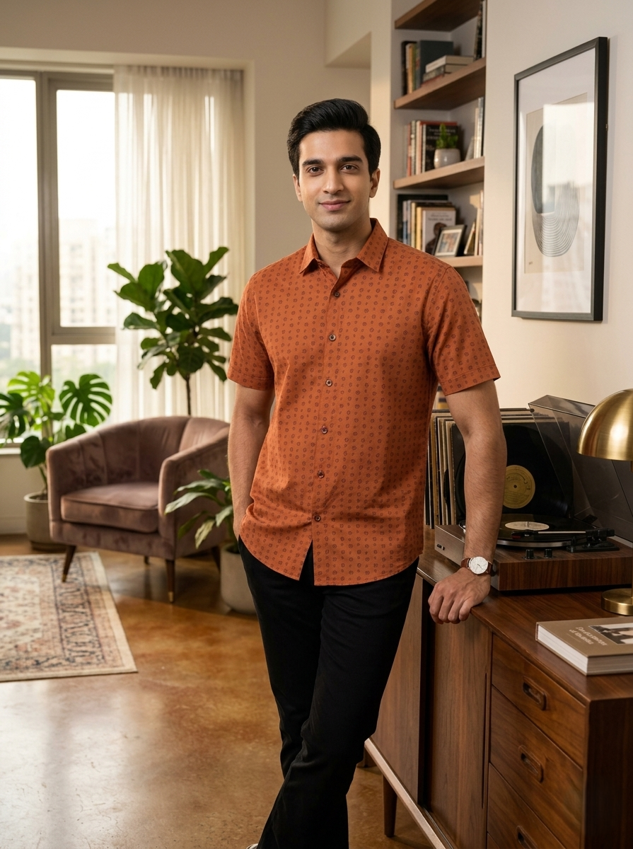 Active Fit Men's Shirt with Travel Pattern - Half Sleeves - Rust Orange