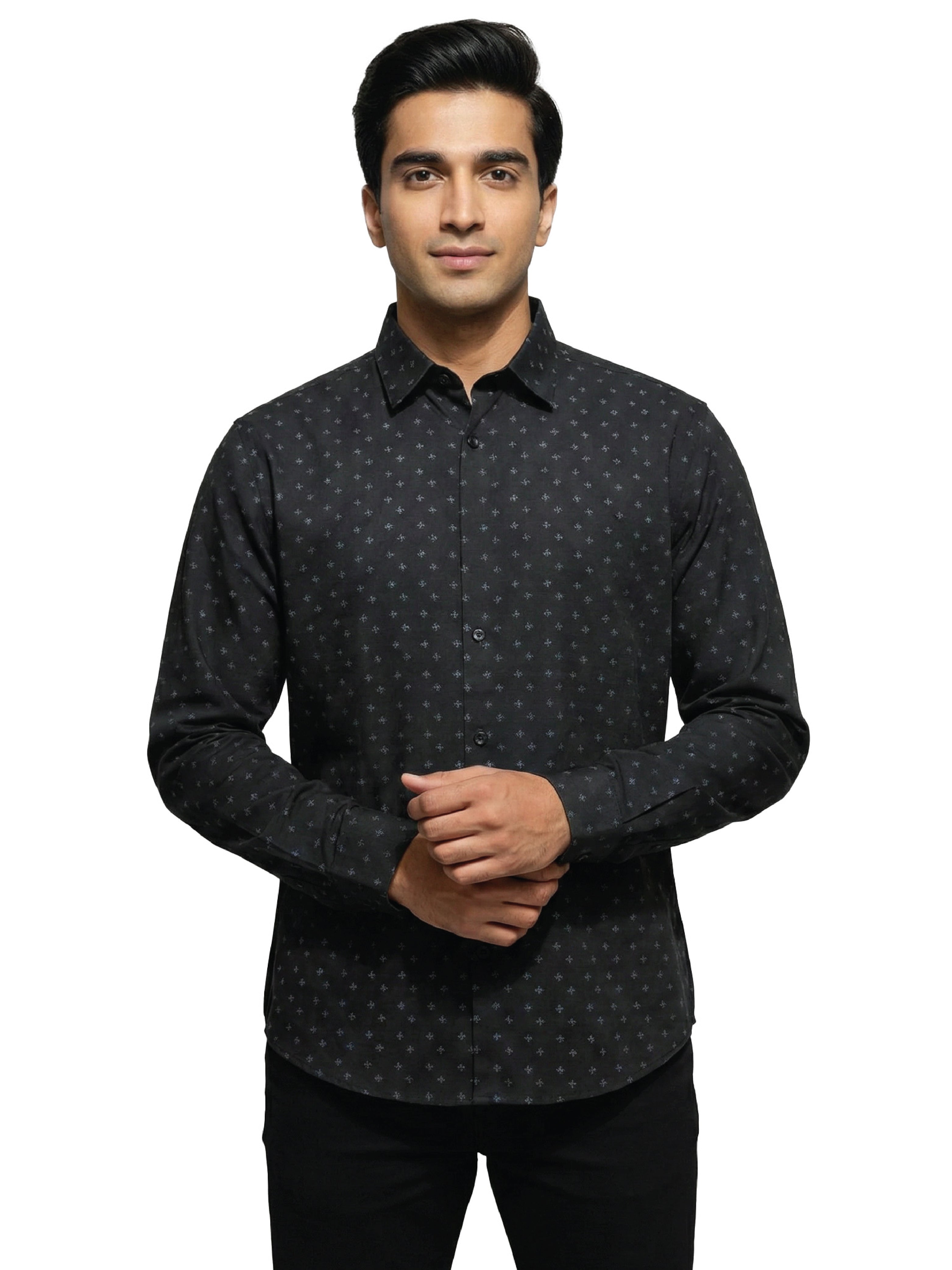 Active Fit Men's Shirt with Origami Pattern - Full Sleeves - Black