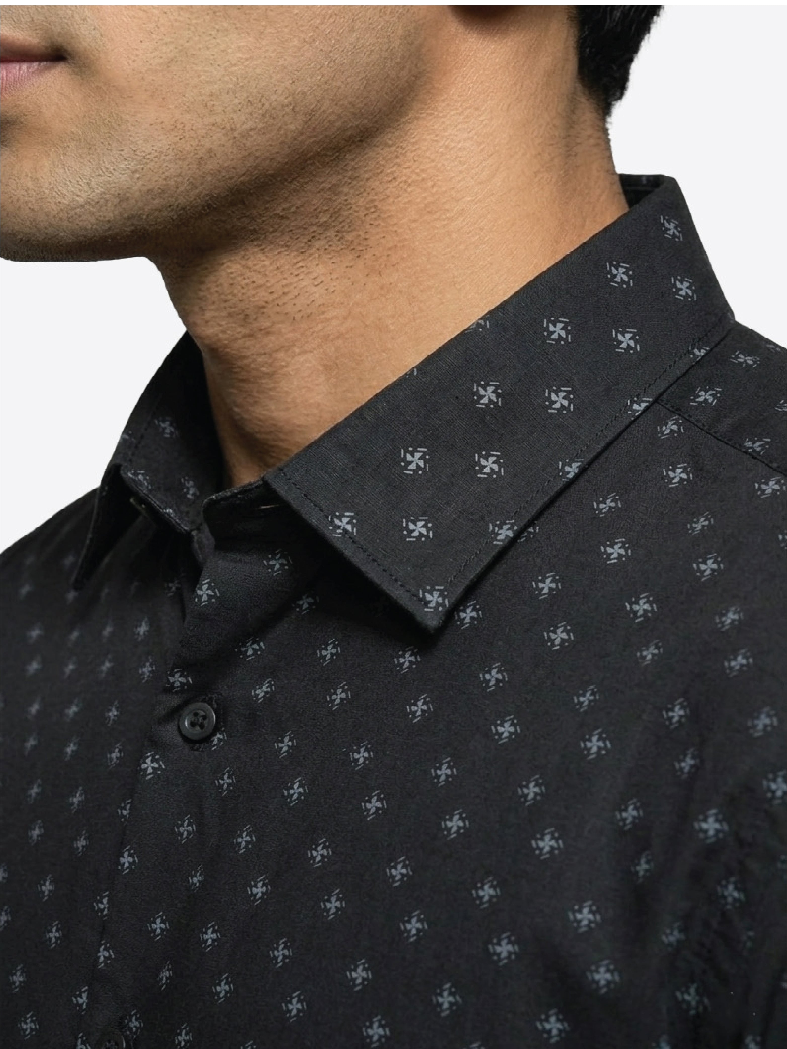Active Fit Men's Shirt with Origami Pattern - Full Sleeves - Black