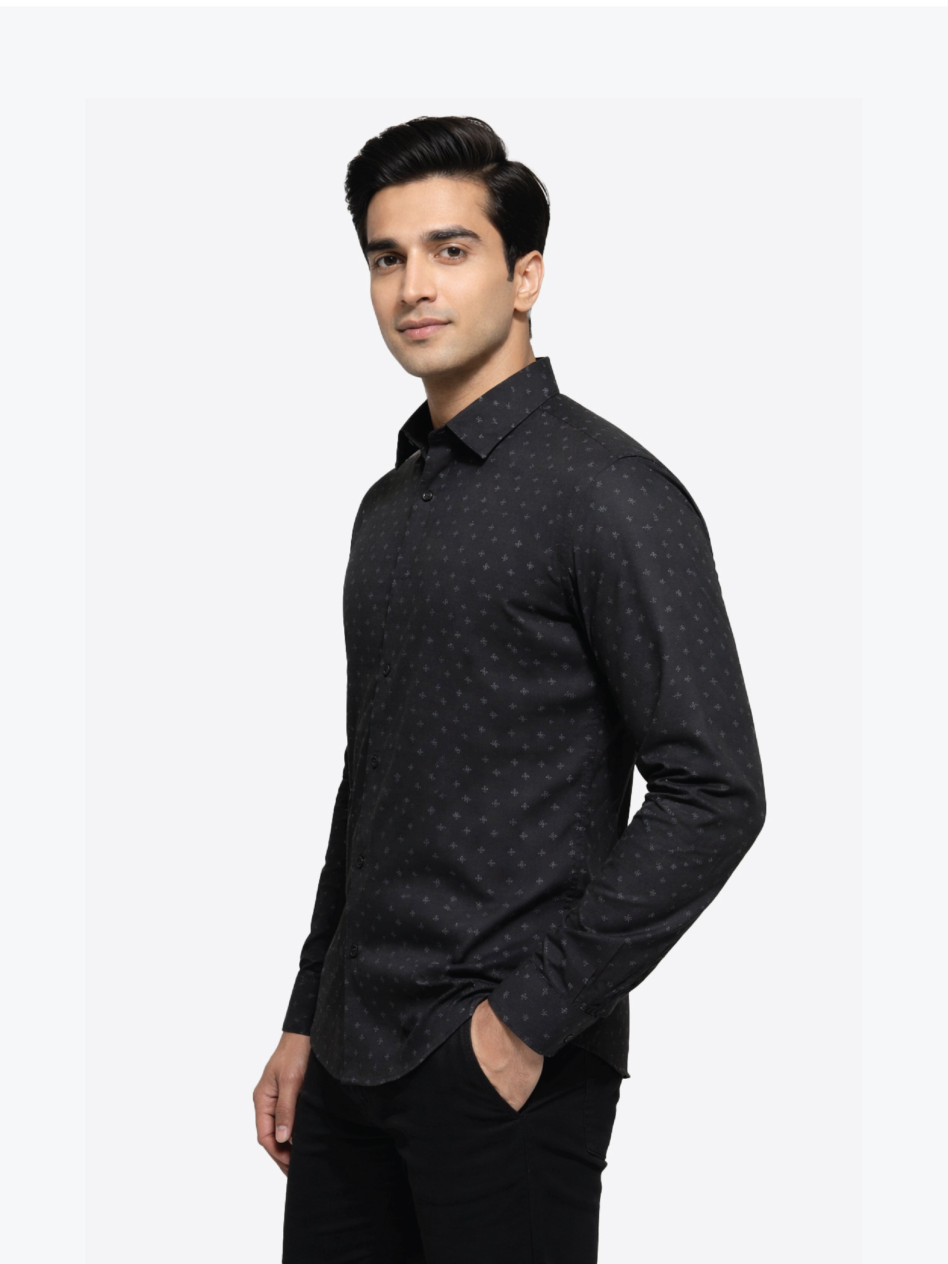Active Fit Men's Shirt with Origami Pattern - Full Sleeves - Black