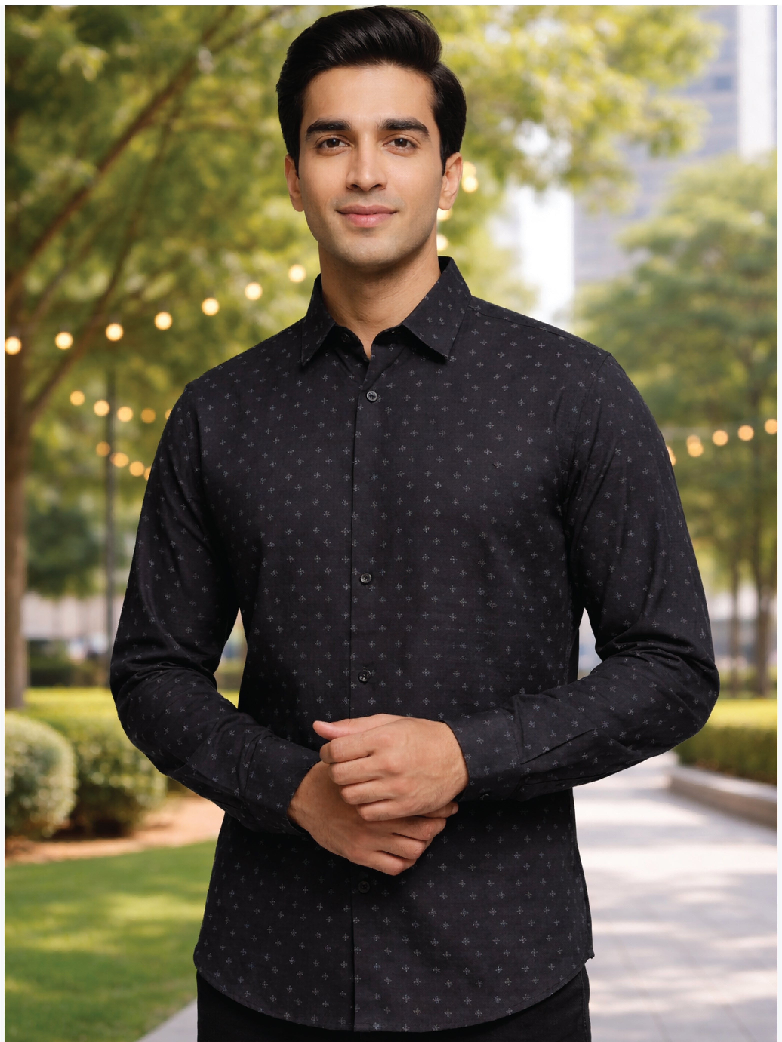 Active Fit Men's Shirt with Origami Pattern - Full Sleeves - Black