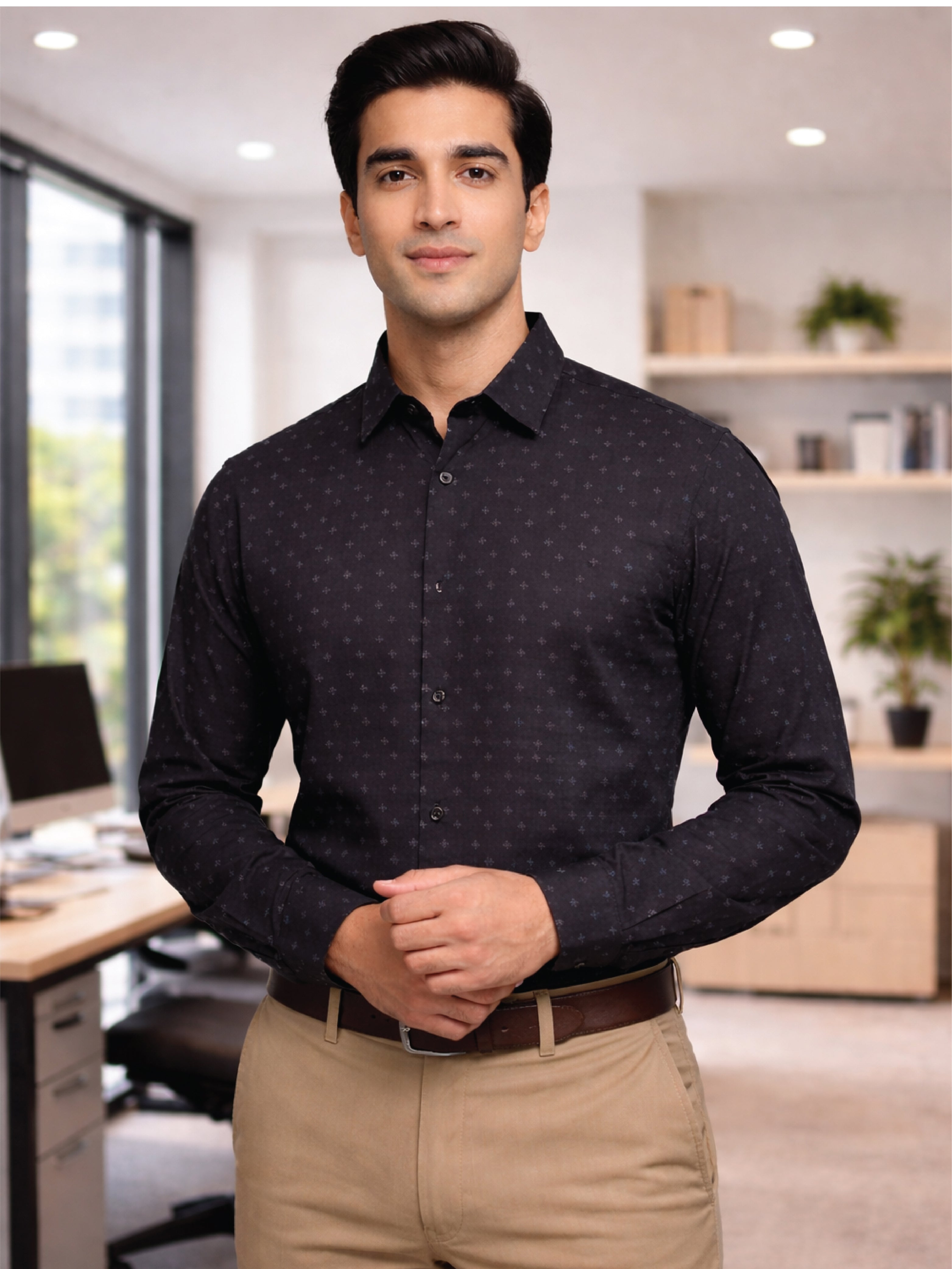 Active Fit Men's Shirt with Origami Pattern - Full Sleeves - Black