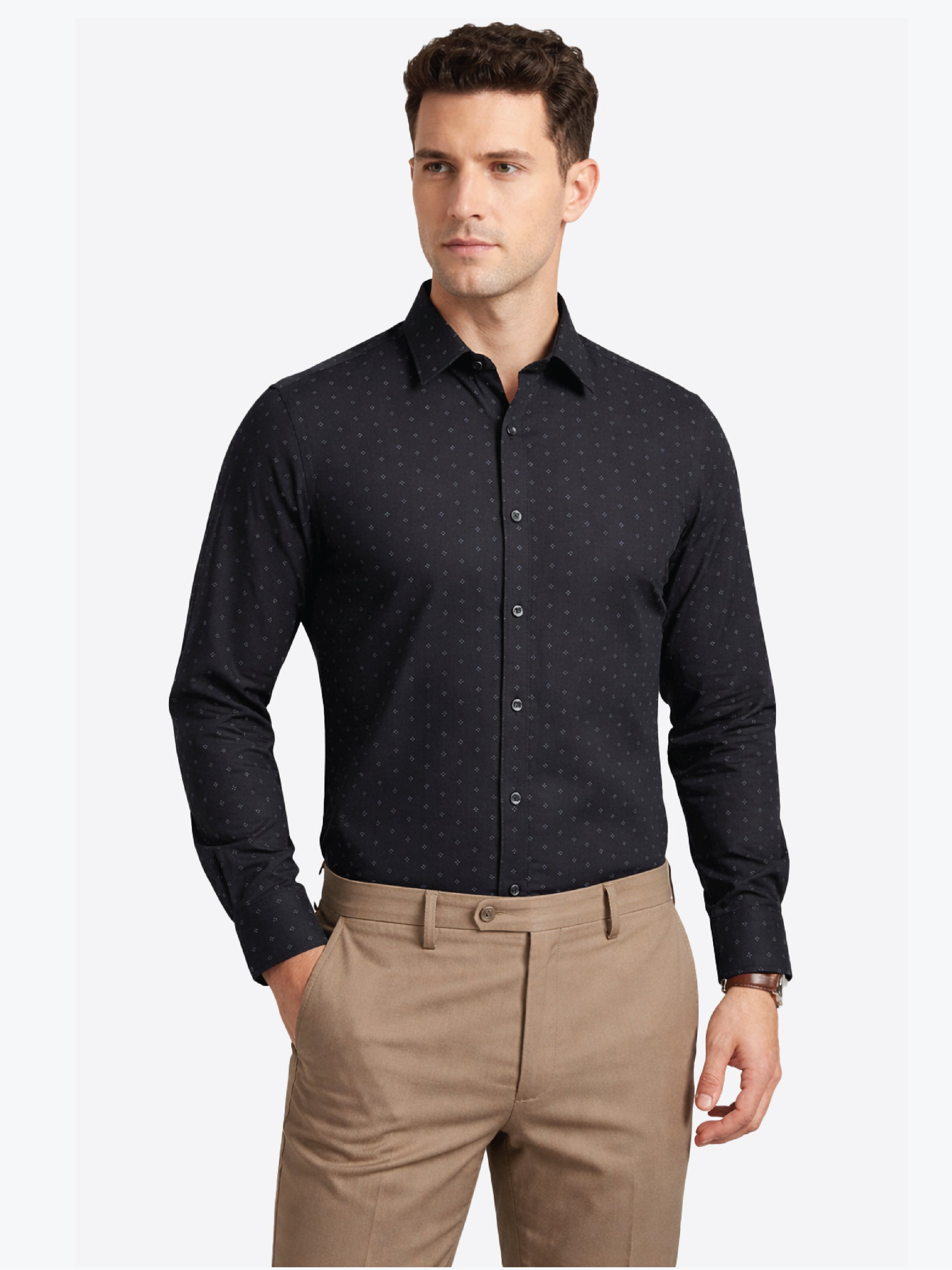 Active Fit Men's Shirt with Rhombus Pattern - Full Sleeves - Black
