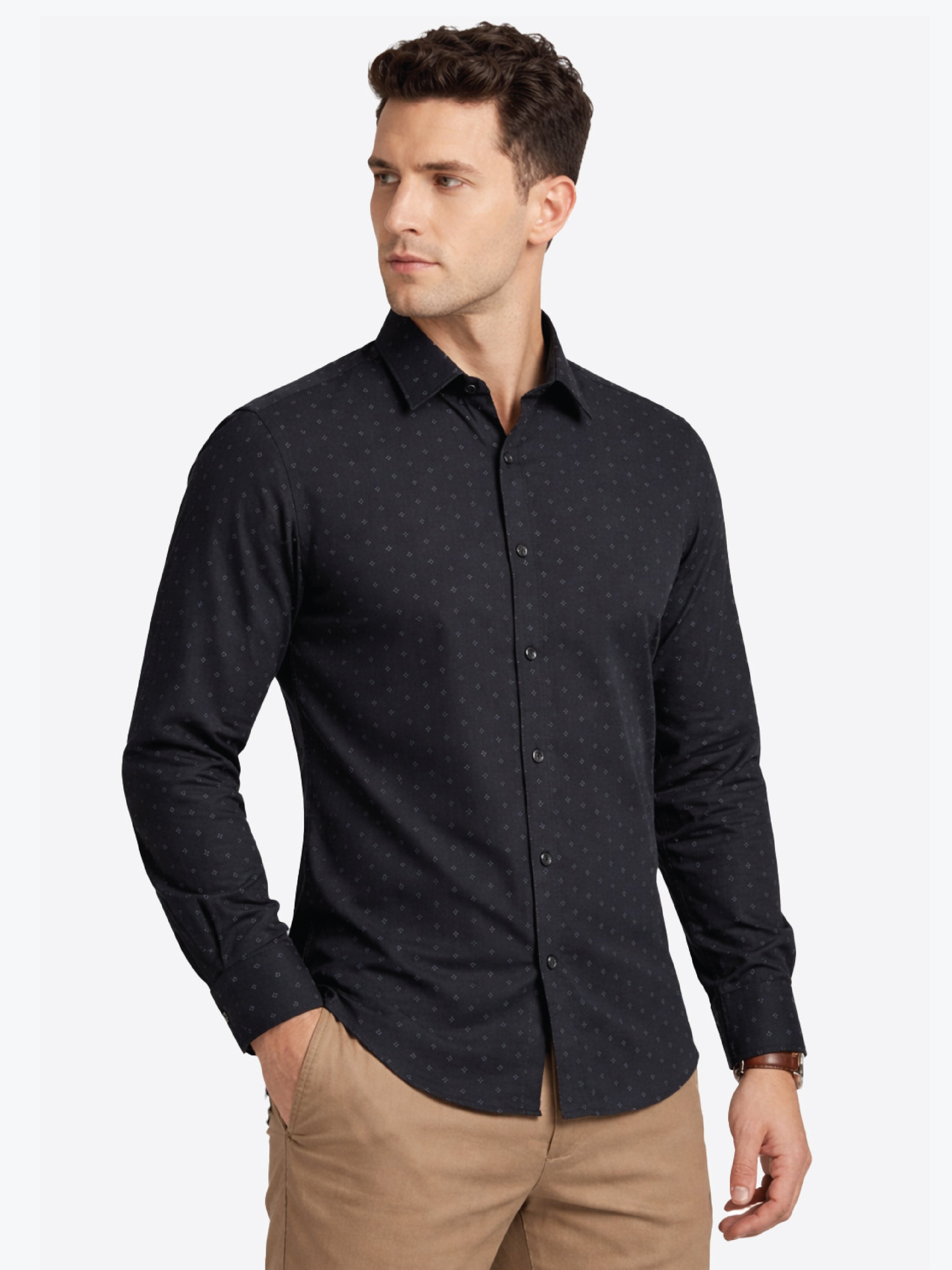 Active Fit Men's Shirt with Rhombus Pattern - Full Sleeves - Black