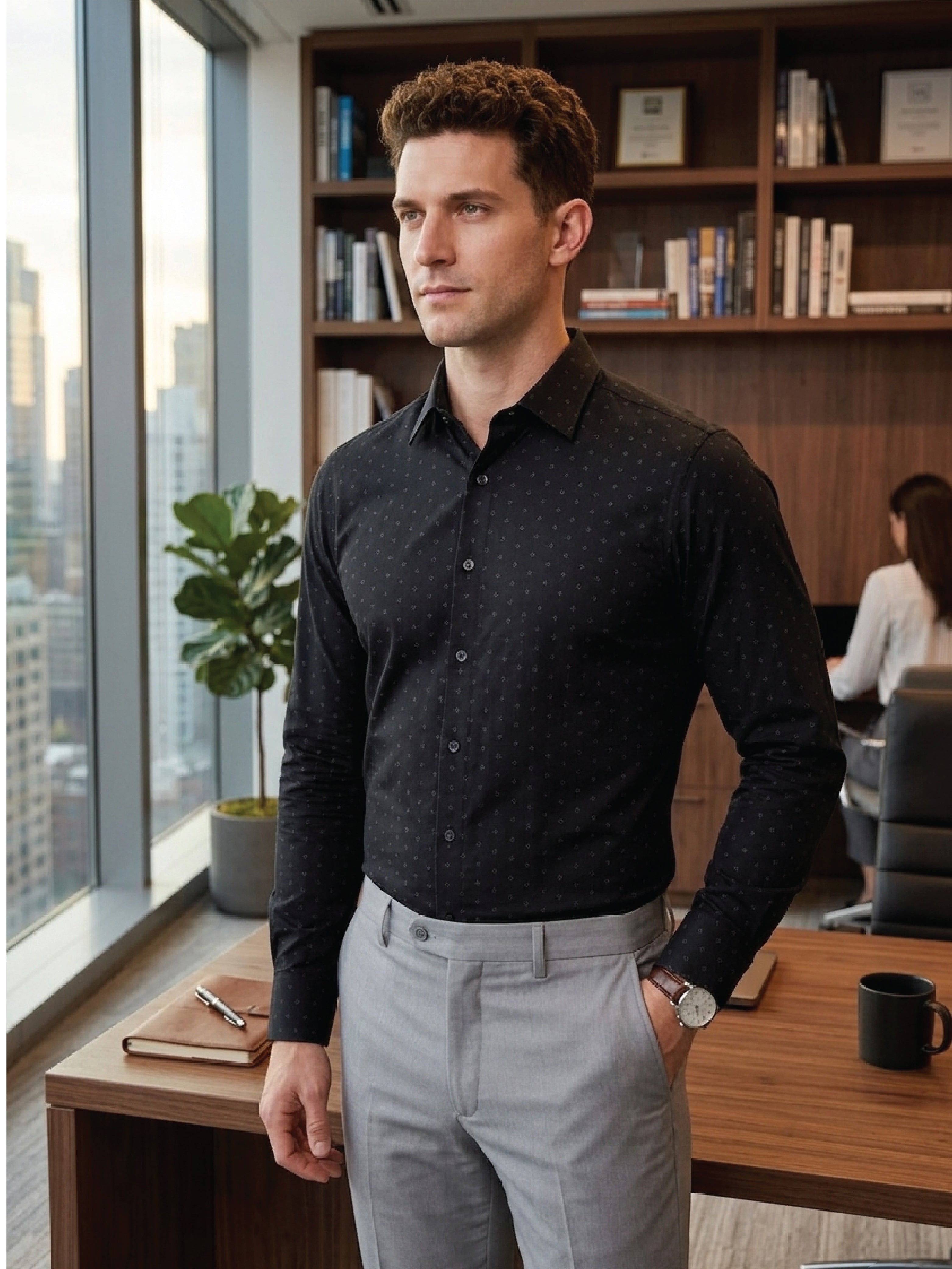 Active Fit Men's Shirt with Rhombus Pattern - Full Sleeves - Black