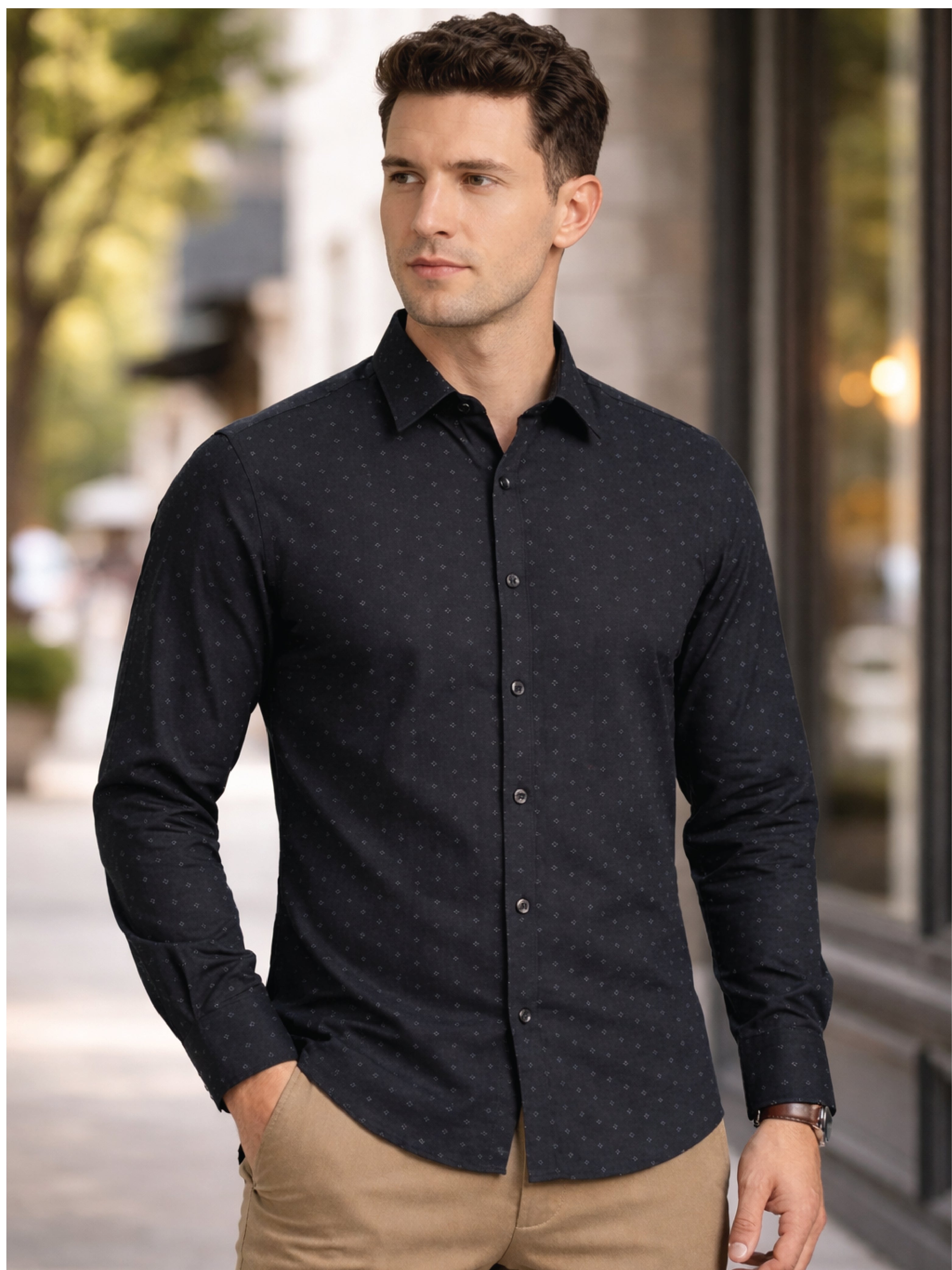 Active Fit Men's Shirt with Rhombus Pattern - Full Sleeves - Black