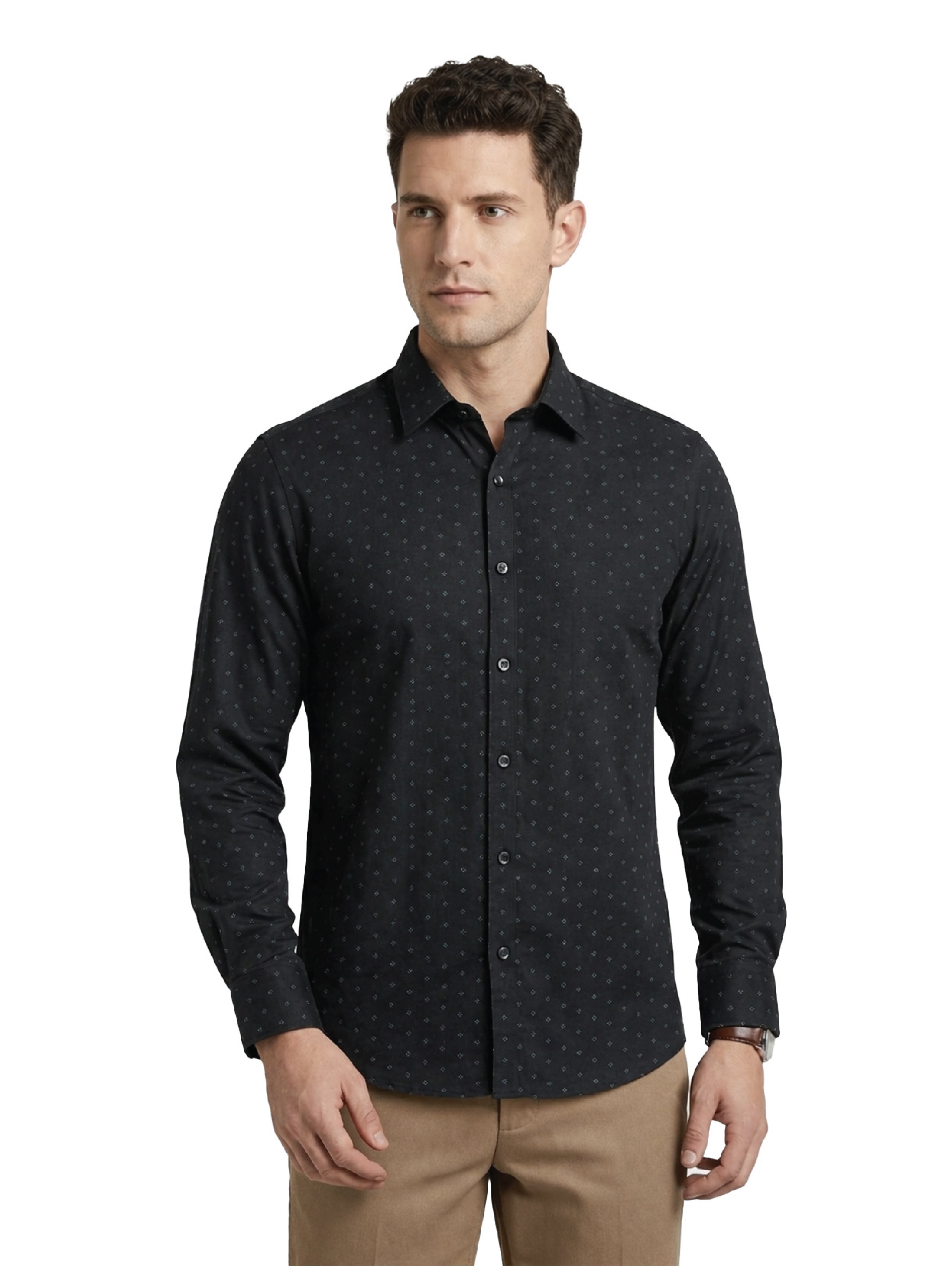 Active Fit Men's Shirt with Rhombus Pattern - Full Sleeves - Black
