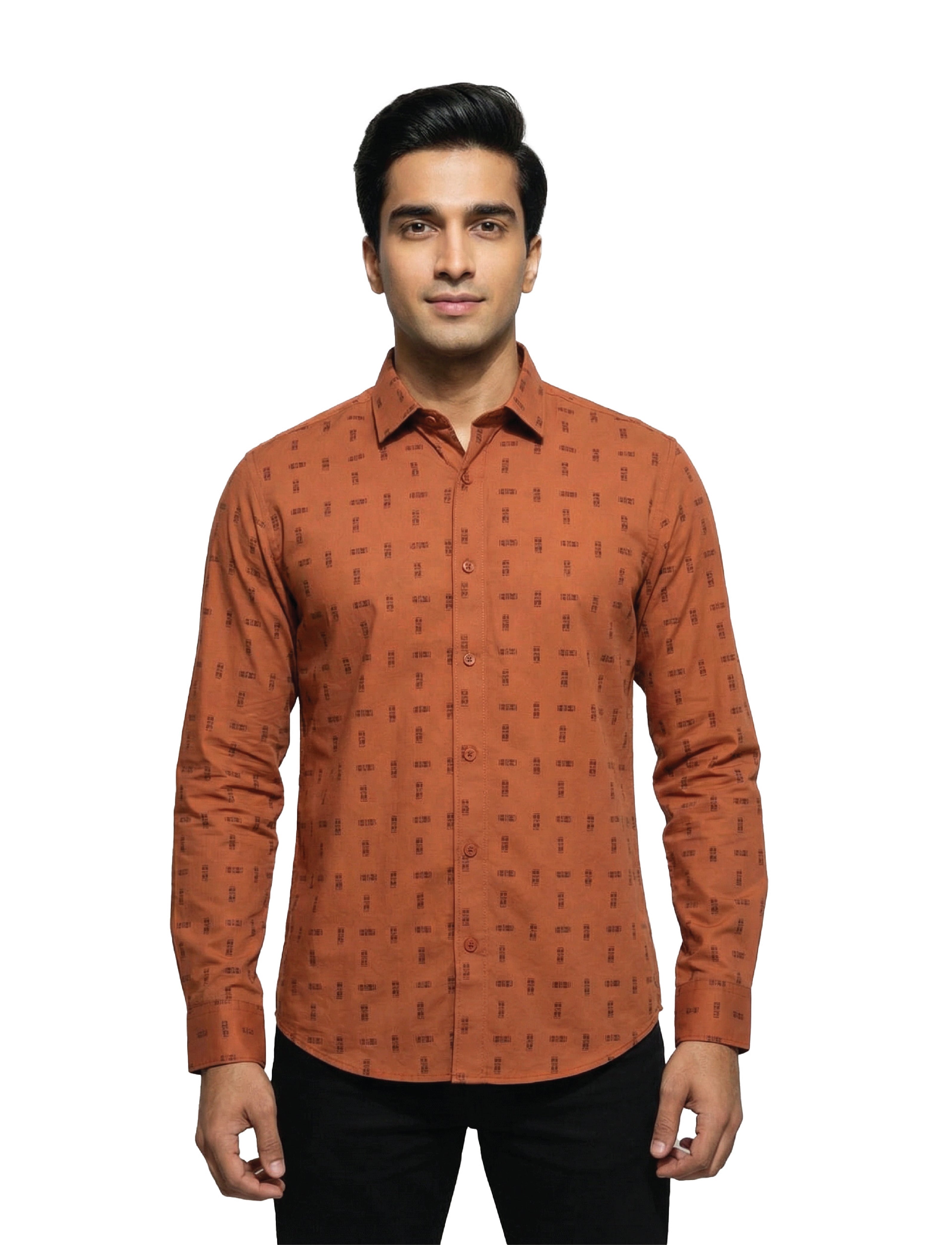 Active Fit Men's Shirt with Tribal Pattern - Full Sleeves - Rust Orange