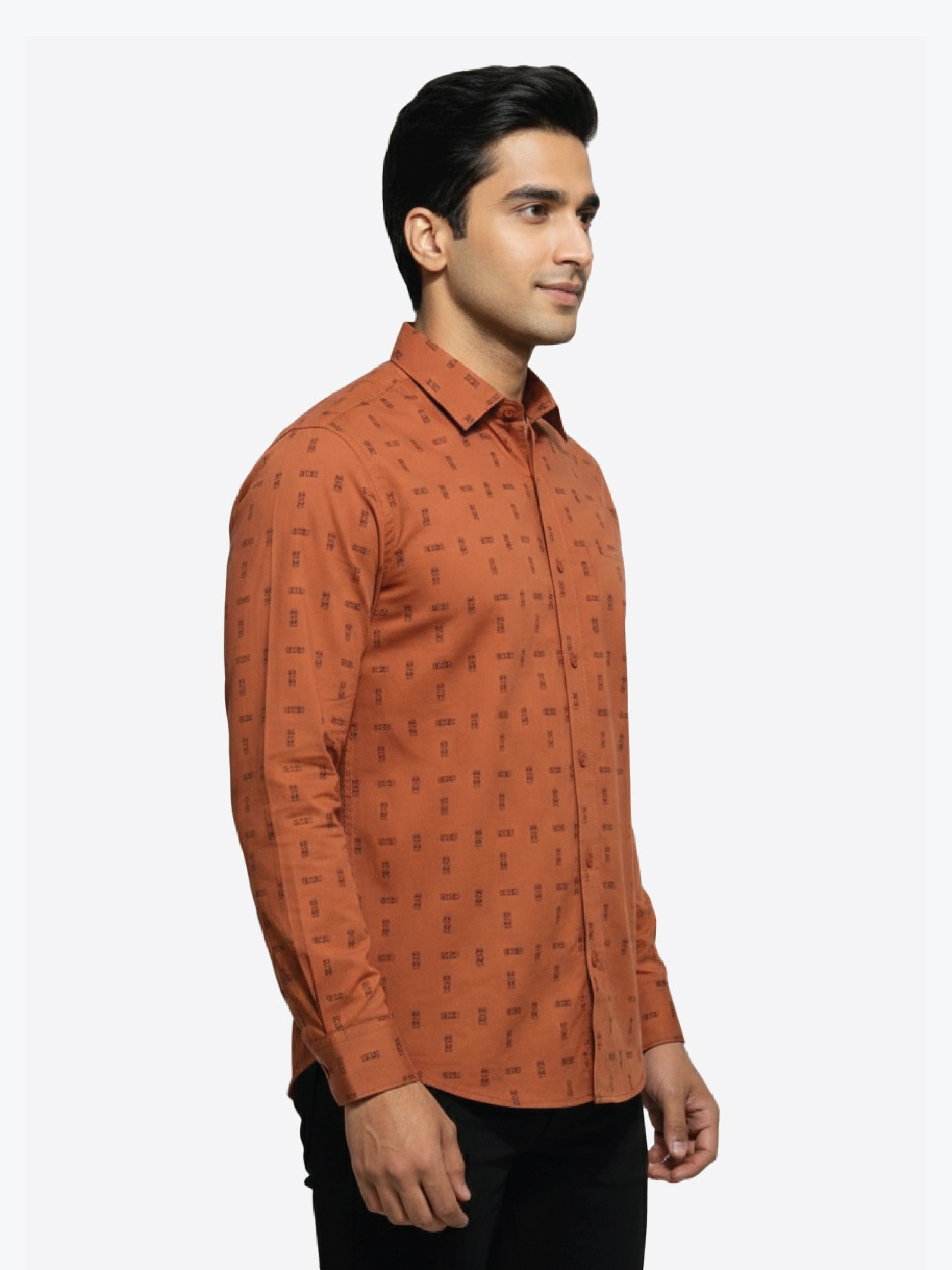 Active Fit Men's Shirt with Tribal Pattern - Full Sleeves - Rust Orange
