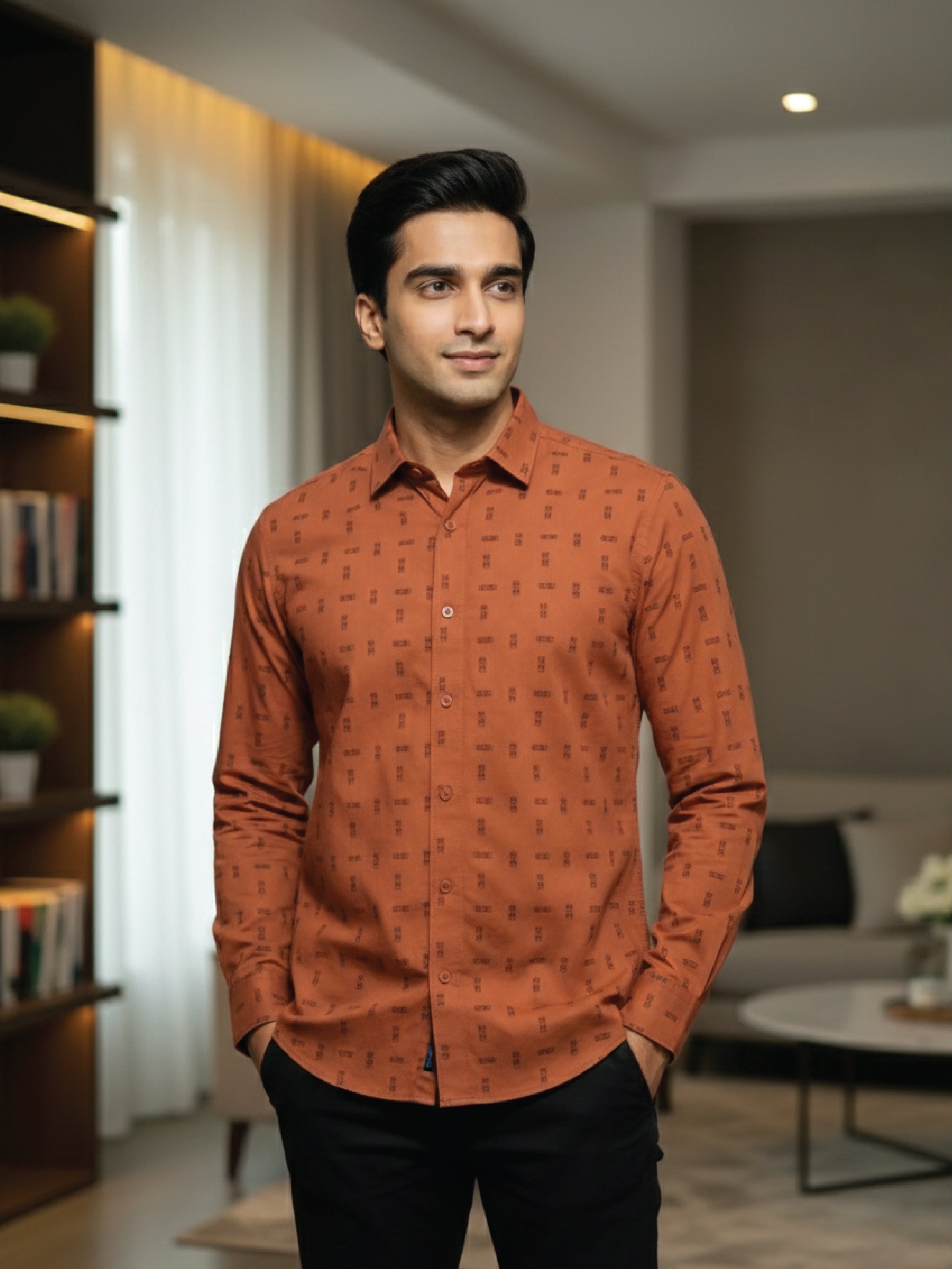 Active Fit Men's Shirt with Tribal Pattern - Full Sleeves - Rust Orange